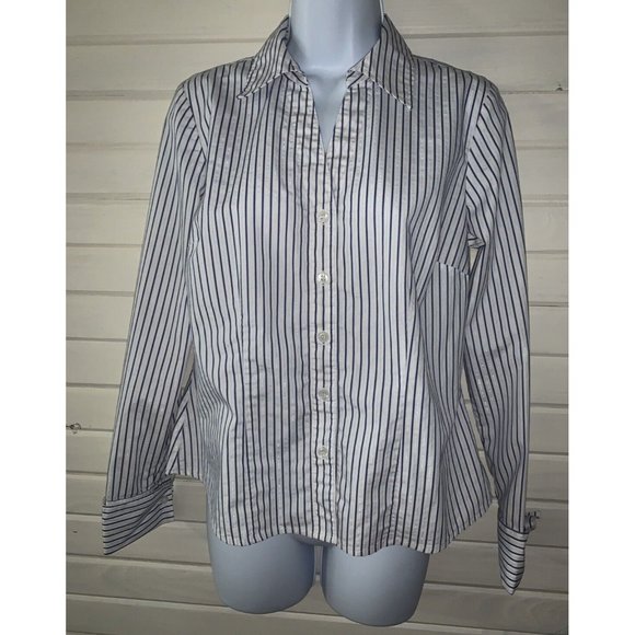 Style & Co Sz 6 White Blue Silver Striped L/S Tunic Blouse Metallic Career EUC - Picture 3 of 9